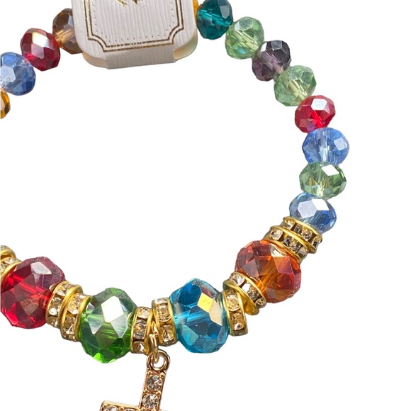 Multicolored Beaded Stretch Bracelet with Rhinestone Cross Charm - Picture 4 of 5